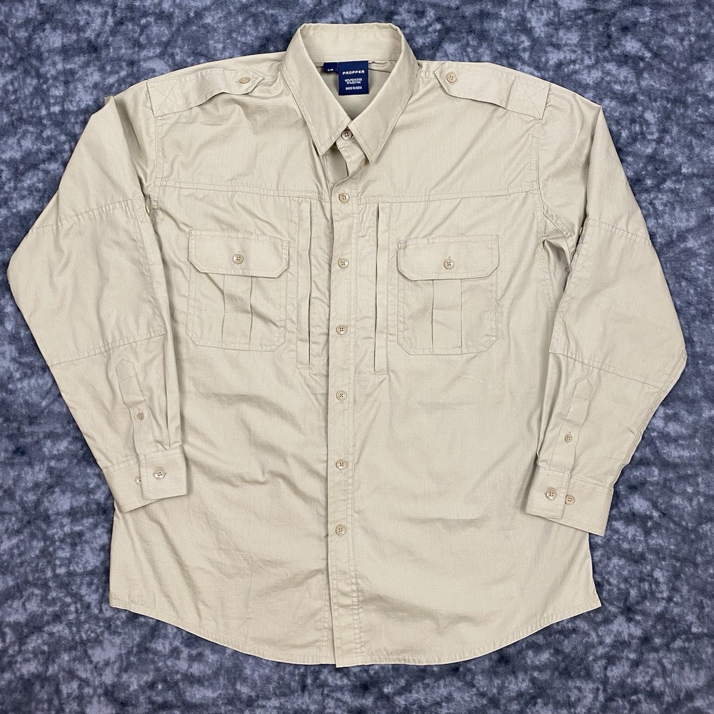 Propper Tactical Dress Shirt Mens Size L Long Sleeve Button Up Double Pocket Tan